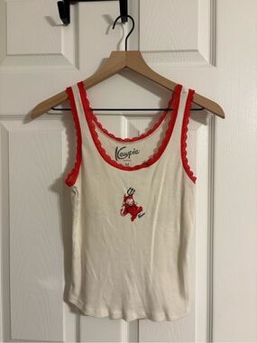 Newpie Red-Trim Cream Ribbed Tank Top - Devil Graphic